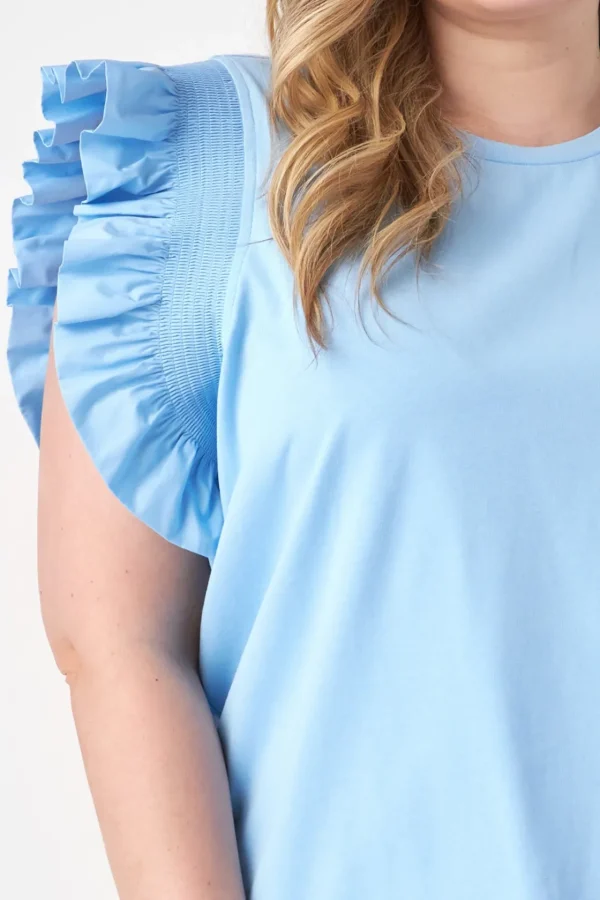 ENGLISH FACTORY Tops*- Plus Size Poplin Knit Mixed Ruffle Detail Top