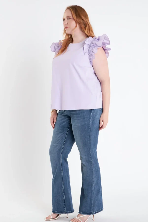 ENGLISH FACTORY Tops*- Plus Size Mixed Media Ruffle Detail T-Shirt