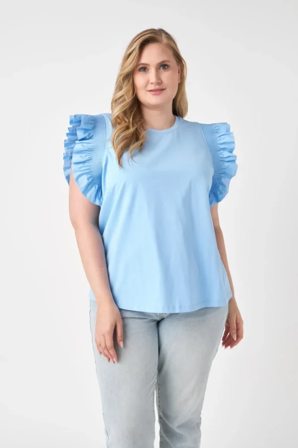 ENGLISH FACTORY Tops*- Plus Size Poplin Knit Mixed Ruffle Detail Top