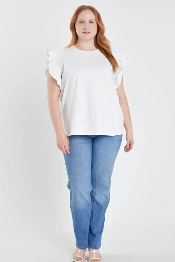 ENGLISH FACTORY Tops*- Plus Size Poplin Knit Mixed Ruffle Detail Top