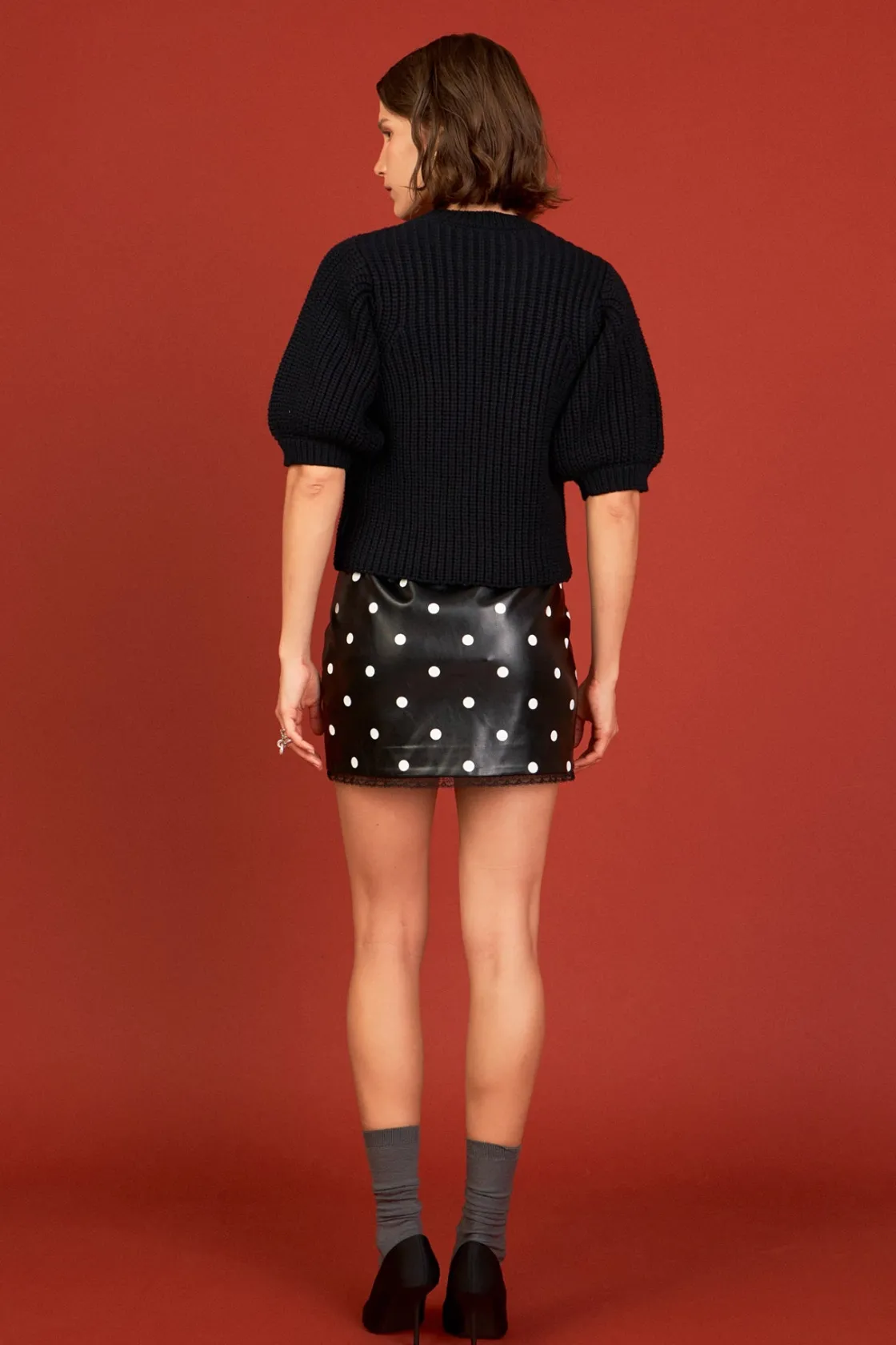 english_factory__polka_do_2-3.webp ENGLISH FACTORY Matching Sets | Skirts*- Polka Dot Pu Mini Skirt BLACK/WHITE
