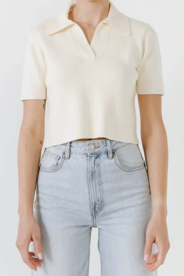 ENGLISH FACTORY Sweaters & Knits*- Polo Collar Crop Knit Sweater IVORY