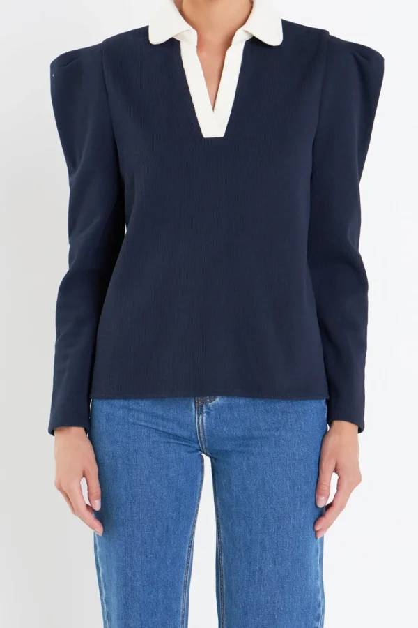ENGLISH FACTORY Tops*- Polo Collar Sweatshirt NAVY/CREAM
