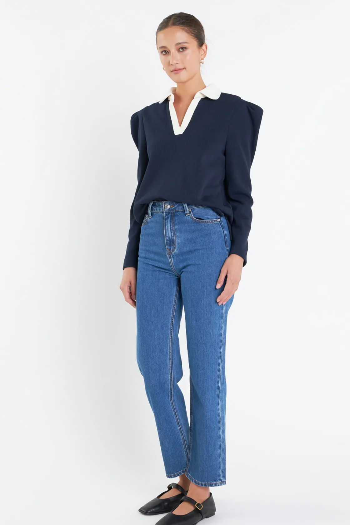 english_factory__polo_col_1.webp ENGLISH FACTORY Tops*- Polo Collar Sweatshirt NAVY/CREAM