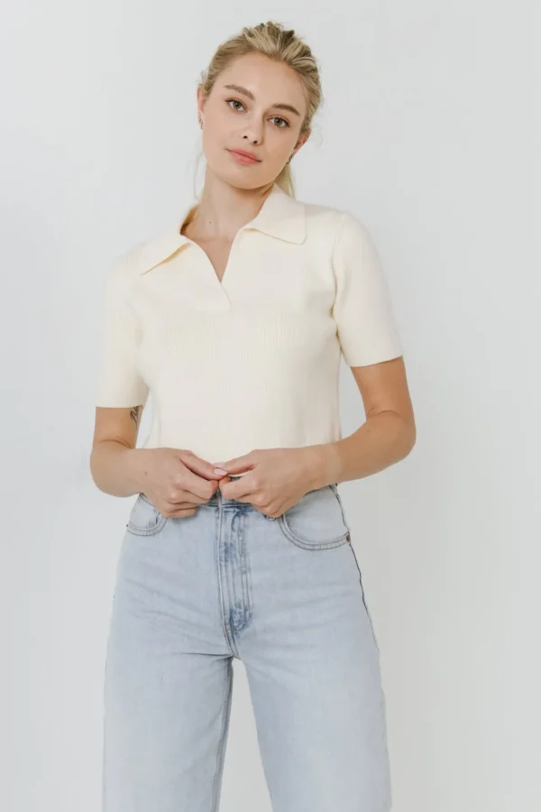 ENGLISH FACTORY Sweaters & Knits*- Polo Collar Crop Knit Sweater IVORY