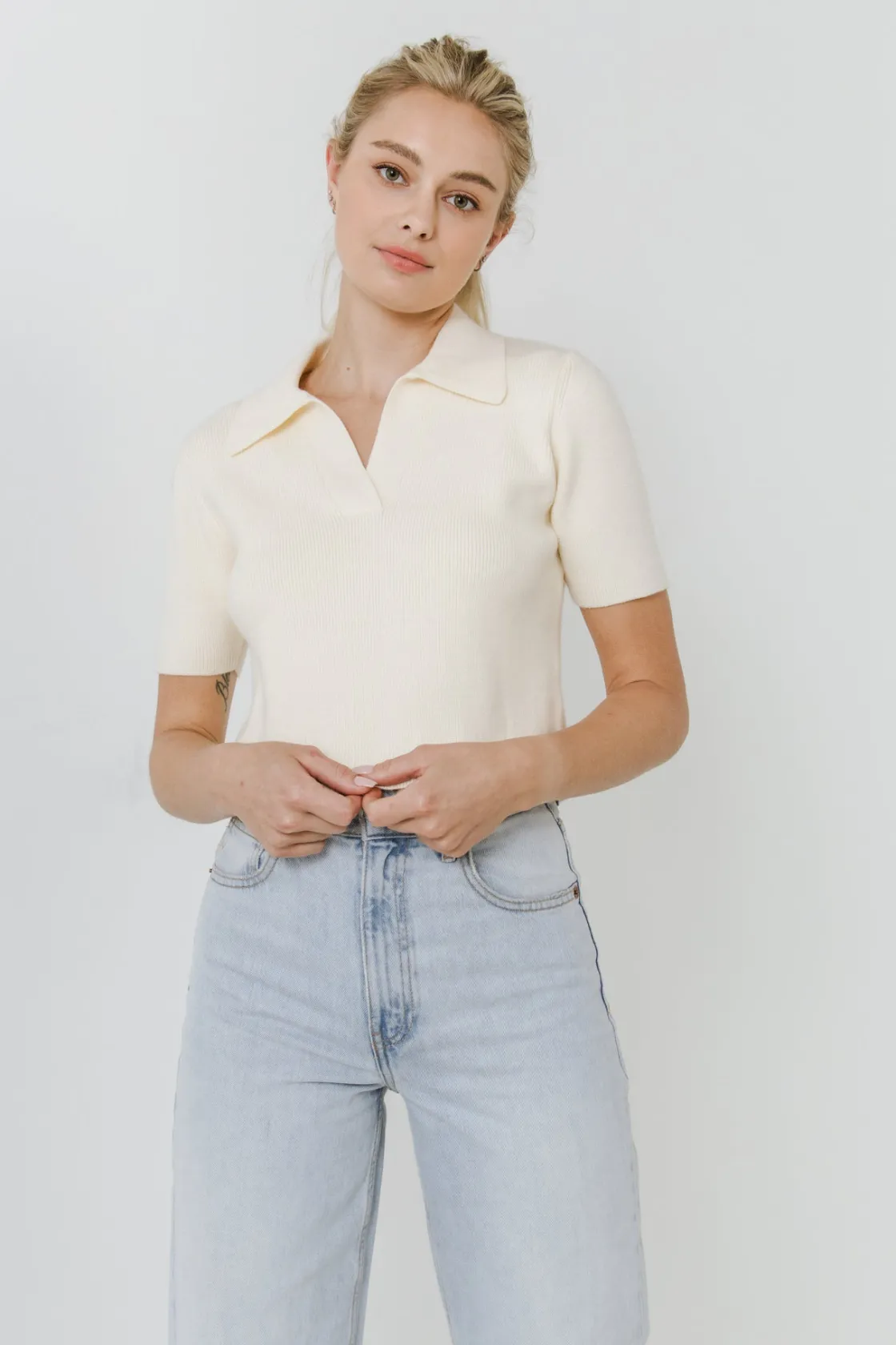 english_factory__polo_col_3-1.webp ENGLISH FACTORY Sweaters & Knits*- Polo Collar Crop Knit Sweater IVORY