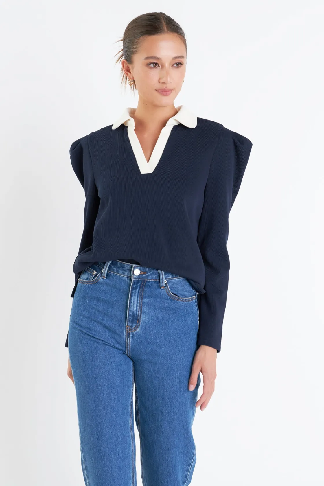 english_factory__polo_col_3.webp ENGLISH FACTORY Tops*- Polo Collar Sweatshirt NAVY/CREAM