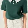 ENGLISH FACTORY Tops*- Polo Shirts with Jewel Button GREEN/WHITE