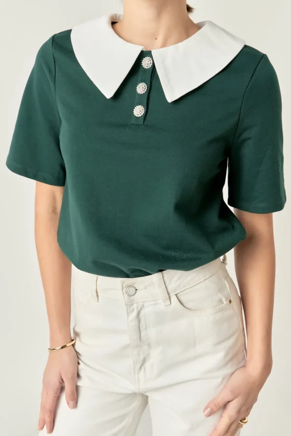 ENGLISH FACTORY Tops*- Polo Shirts with Jewel Button GREEN/WHITE