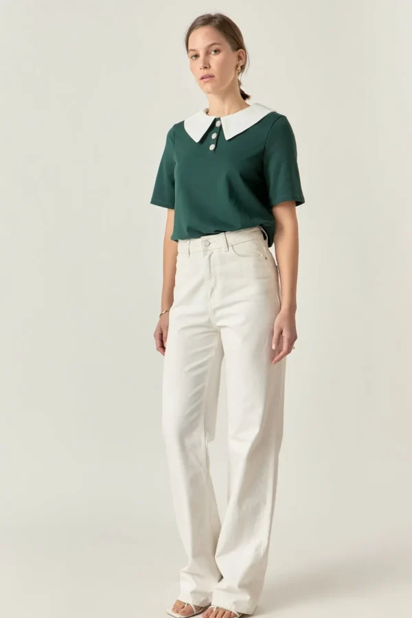 ENGLISH FACTORY Tops*- Polo Shirts with Jewel Button GREEN/WHITE