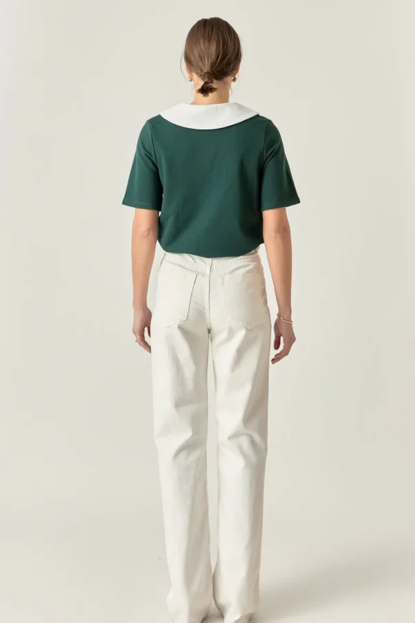 ENGLISH FACTORY Tops*- Polo Shirts with Jewel Button GREEN/WHITE