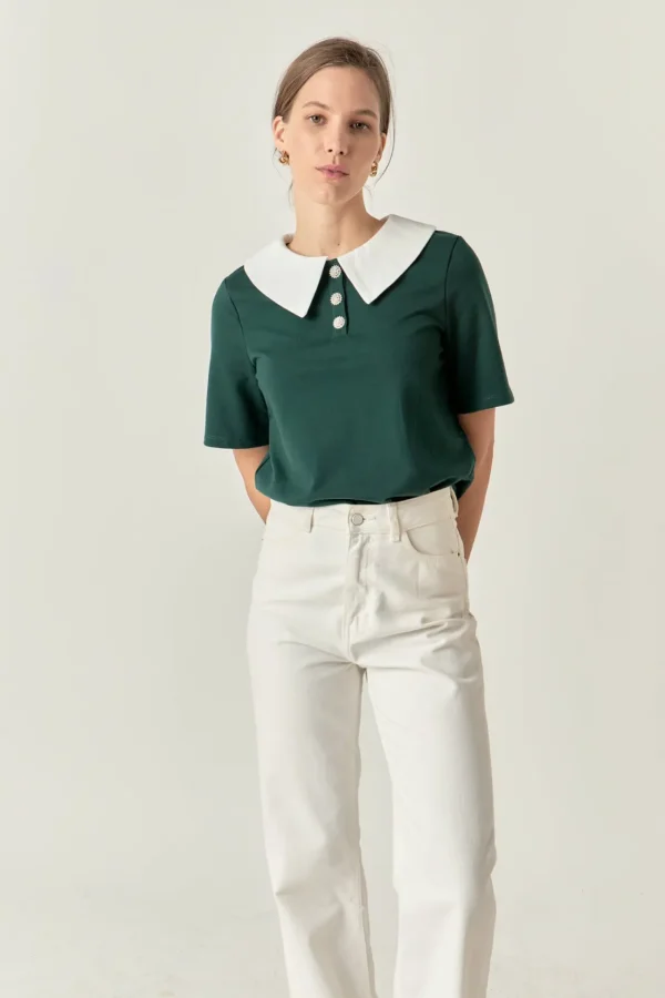 ENGLISH FACTORY Tops*- Polo Shirts with Jewel Button GREEN/WHITE