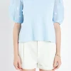 ENGLISH FACTORY Tops*- Pom Pom Mixed Media Top BLUE
