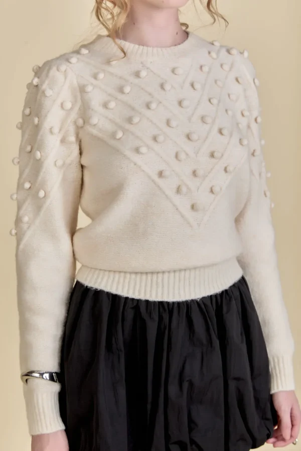 ENGLISH FACTORY Sweaters & Knits | Tops*- Pom Pom Detail Long Sleeve Sweater IVORY