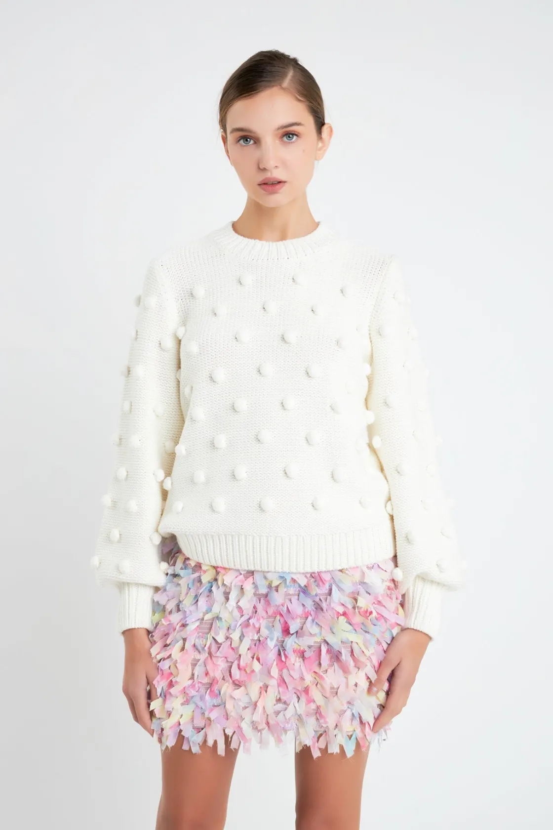 english_factory__pom_pom__0-5.webp ENGLISH FACTORY Sweaters & Knits | Tops*- Pom Pom Pattern Long Sleeve Sweater IVORY