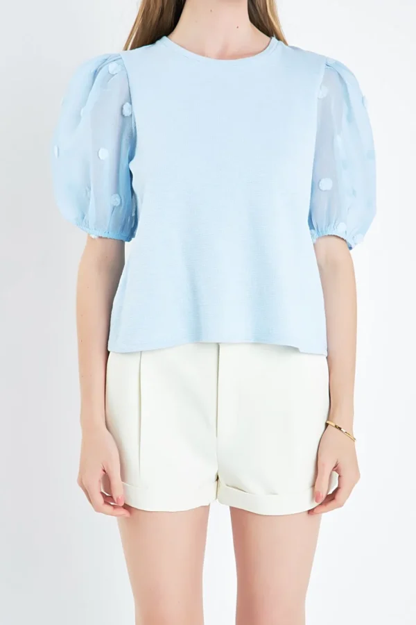 ENGLISH FACTORY Tops*- Pom Pom Mixed Media Top BLUE