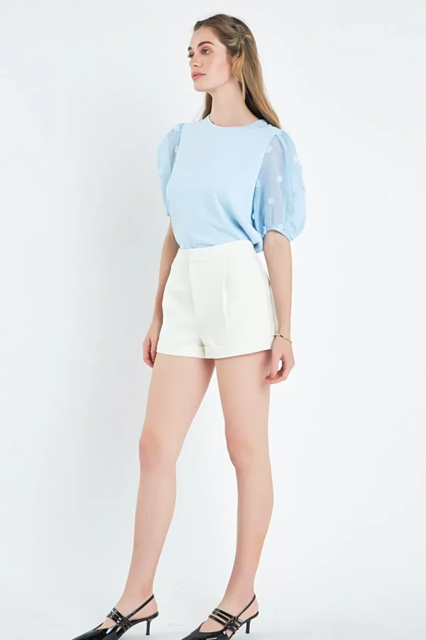 ENGLISH FACTORY Tops*- Pom Pom Mixed Media Top BLUE