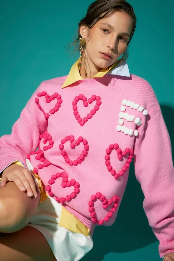 ENGLISH FACTORY Sweaters & Knits | Tops*- Pom Pom Heart Sweater PINK