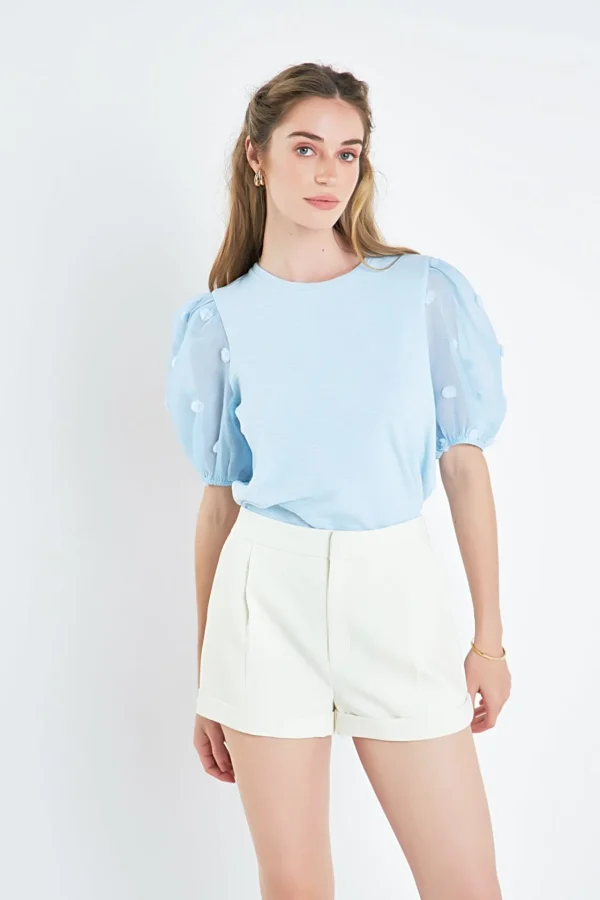 ENGLISH FACTORY Tops*- Pom Pom Mixed Media Top BLUE