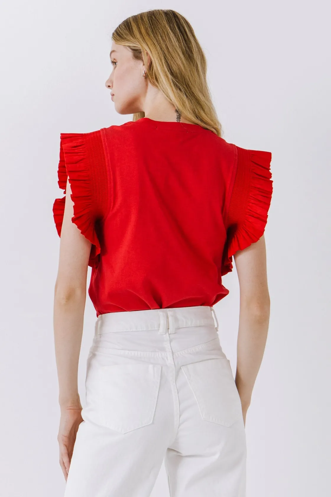 english_factory__poplin_k_11.webp ENGLISH FACTORY Tops*- Poplin Knit Mixed Ruffle Detail Top