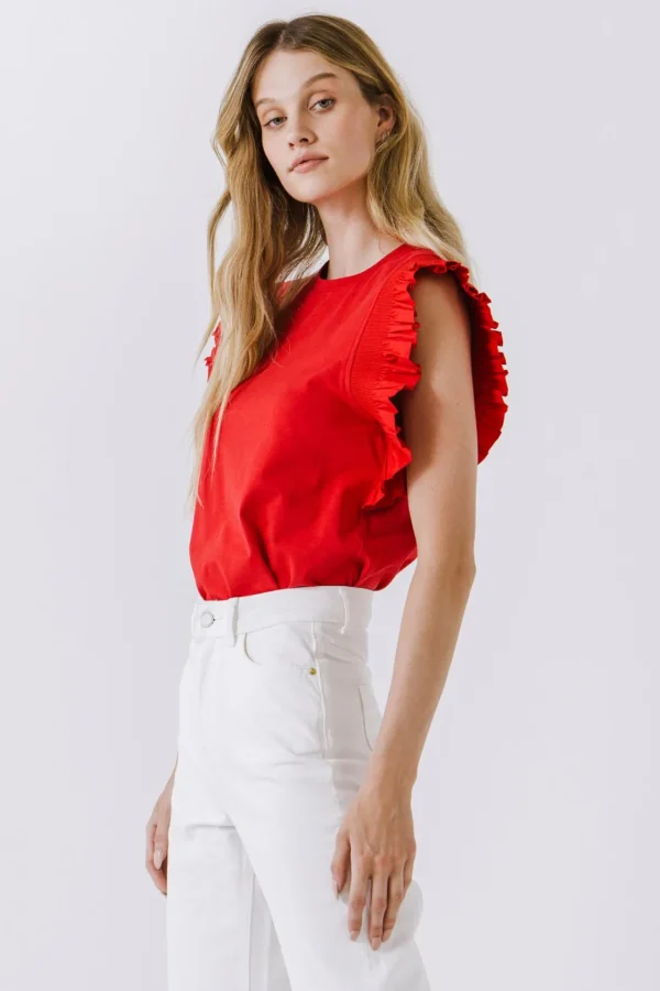ENGLISH FACTORY Tops*- Poplin Knit Mixed Ruffle Detail Top