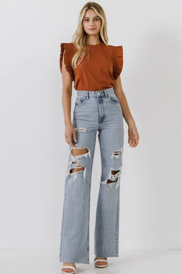 ENGLISH FACTORY Tops*- Poplin Knit Mixed Ruffle Detail Top