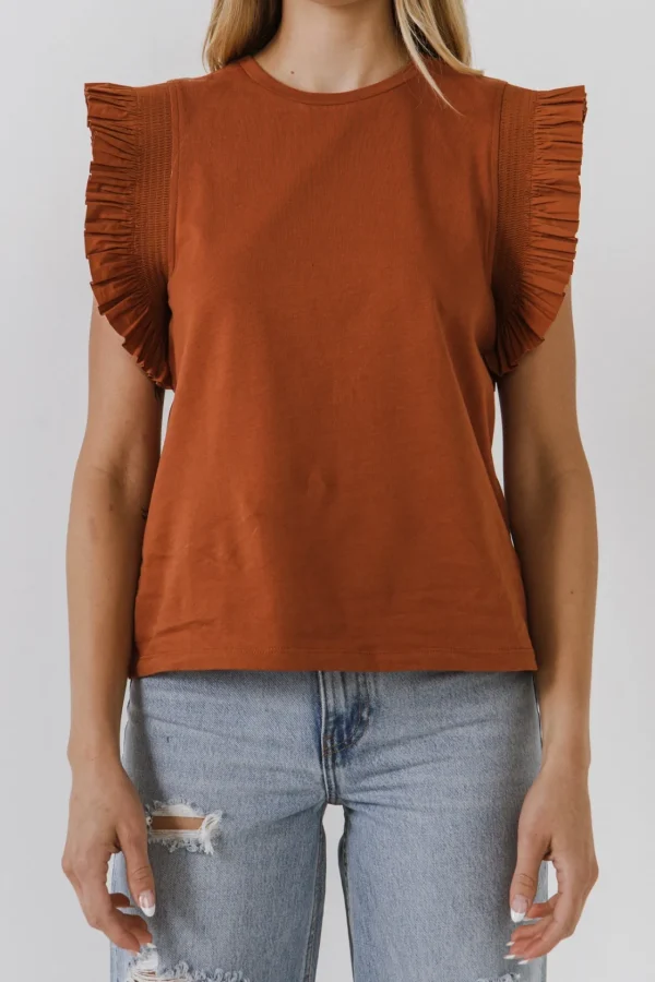 ENGLISH FACTORY Tops*- Poplin Knit Mixed Ruffle Detail Top