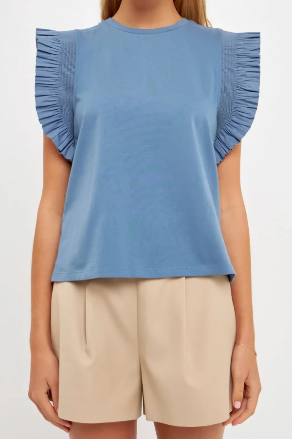ENGLISH FACTORY Tops*- Poplin Knit Mixed Ruffle Detail Top