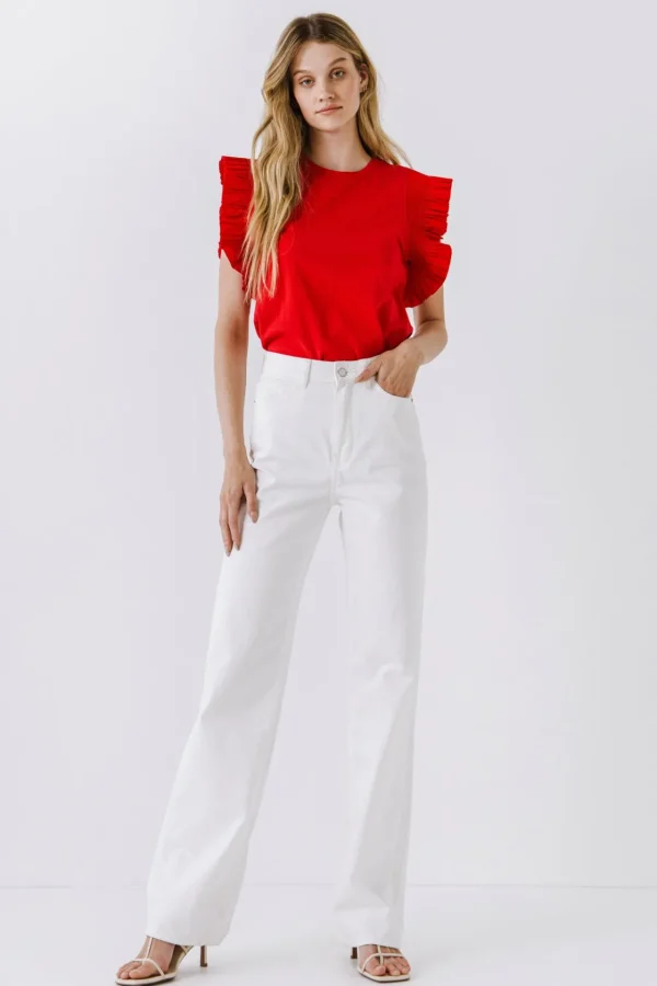 ENGLISH FACTORY Tops*- Poplin Knit Mixed Ruffle Detail Top