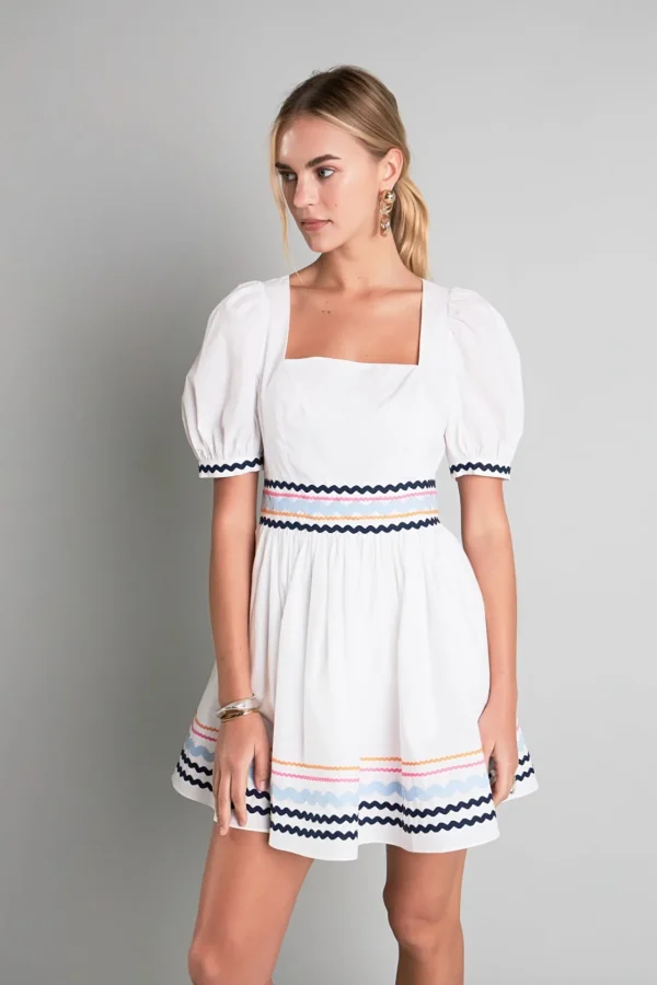 ENGLISH FACTORY White Dresses | Puff Sleeve*- Poplin Mini Dress with Ric Rac Trim WHITE