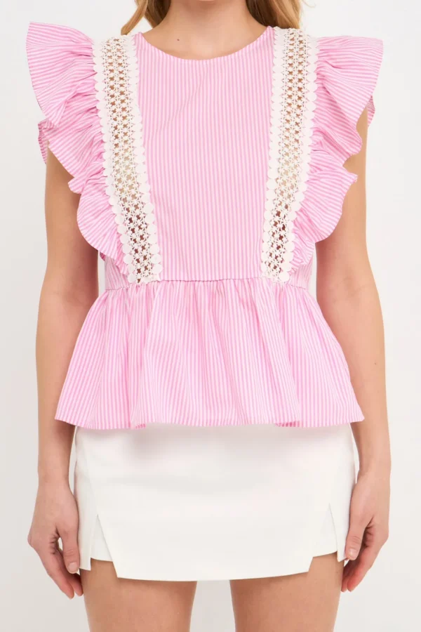 ENGLISH FACTORY Tops*- Poplin Ruffle With Lace Trim Top PINKWHITESTRIPE