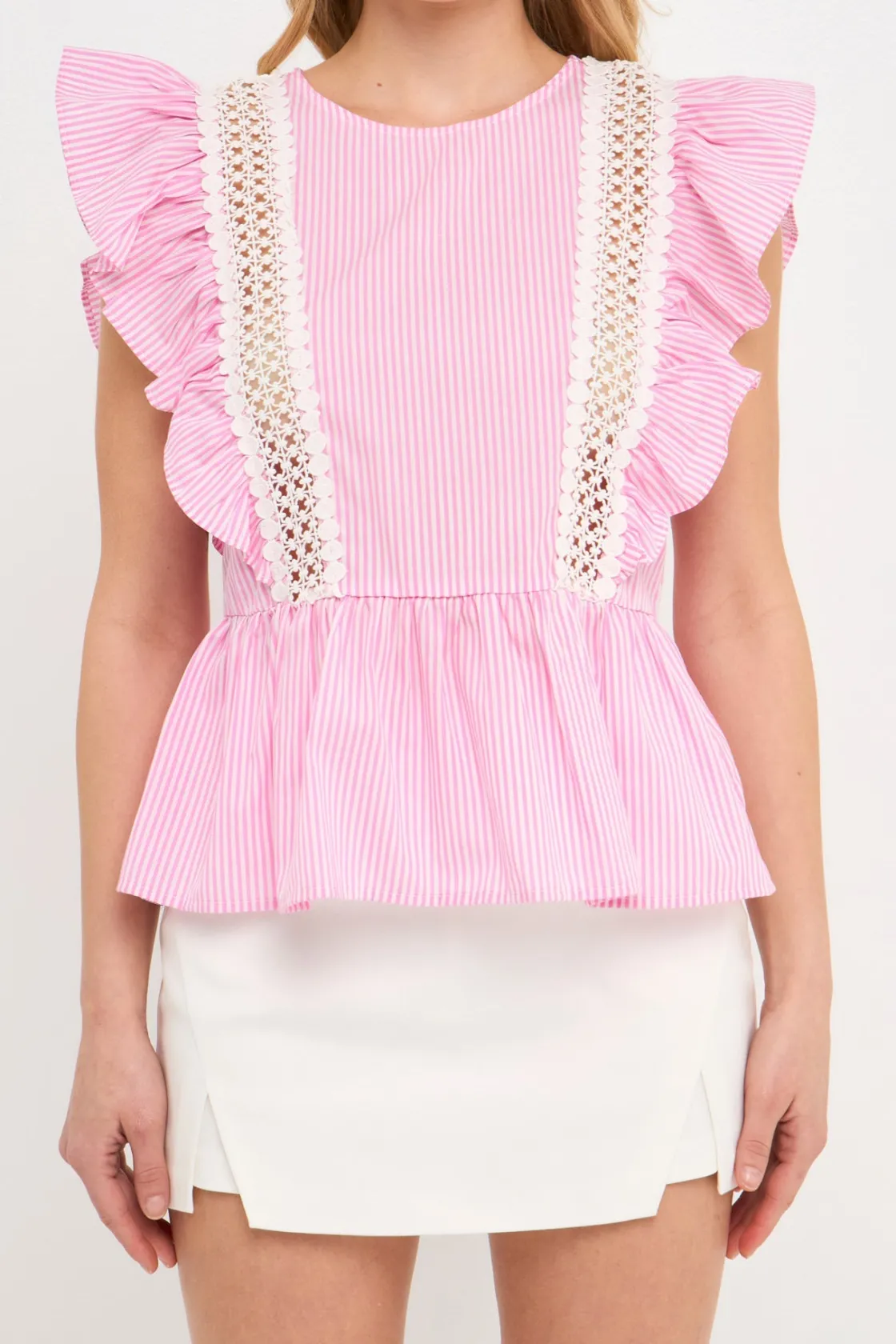 english_factory__poplin_r_0-2.webp ENGLISH FACTORY Tops*- Poplin Ruffle With Lace Trim Top PINKWHITESTRIPE