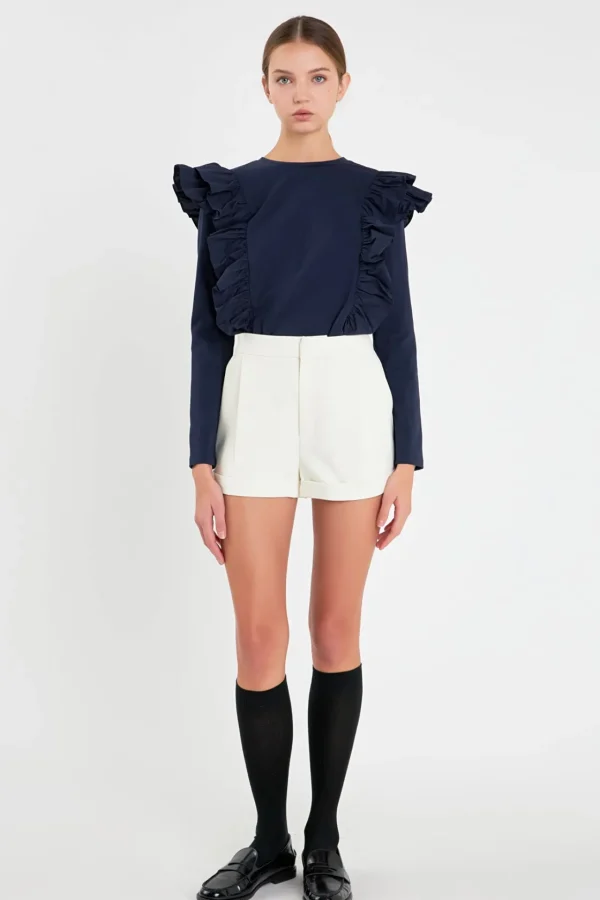 ENGLISH FACTORY Tops*- Poplin Ruffle Detail T-shirt