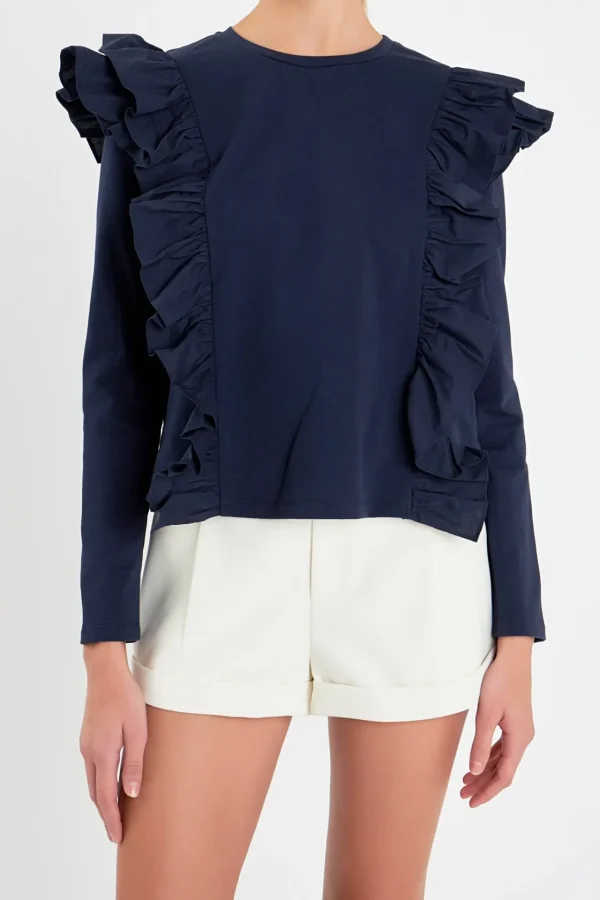 ENGLISH FACTORY Tops*- Poplin Ruffle Detail T-shirt
