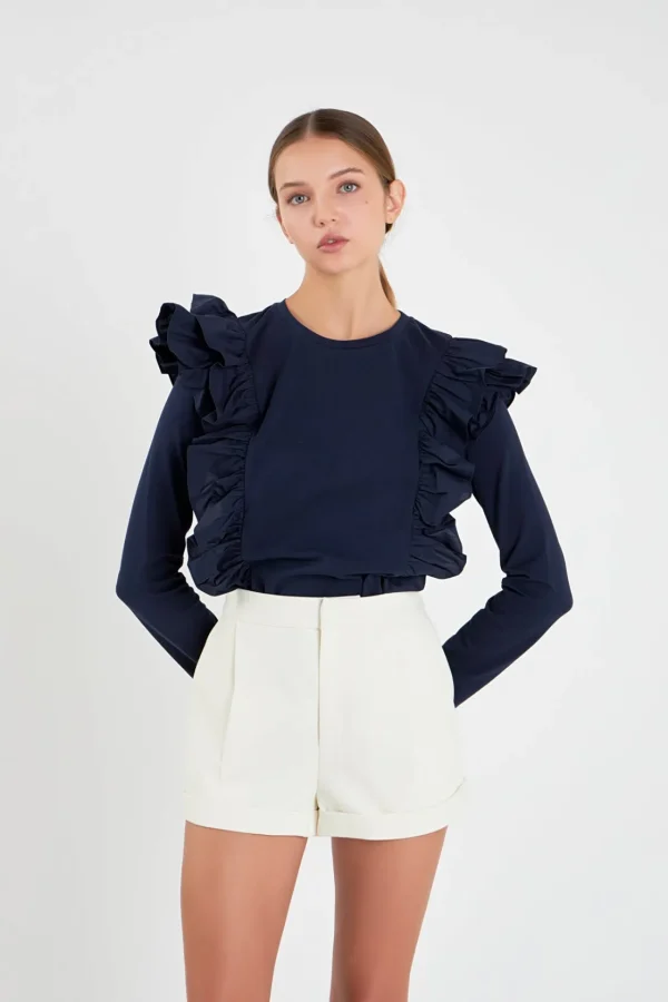 ENGLISH FACTORY Tops*- Poplin Ruffle Detail T-shirt
