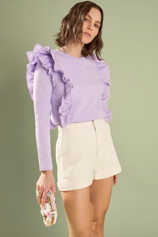 ENGLISH FACTORY Tops*- Poplin Ruffle Detail T-shirt