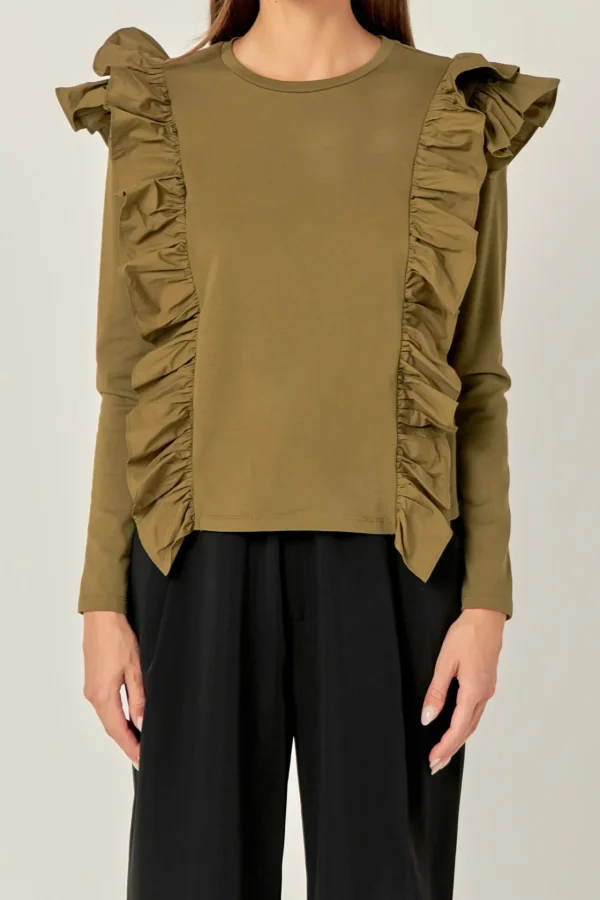 ENGLISH FACTORY Tops*- Poplin Ruffle Detail T-shirt