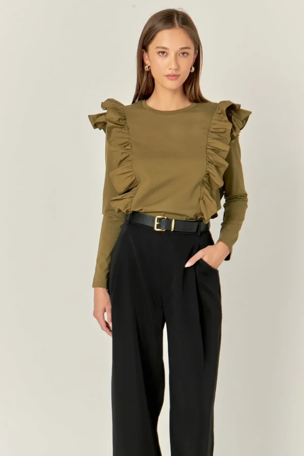 ENGLISH FACTORY Tops*- Poplin Ruffle Detail T-shirt