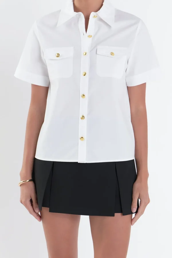 ENGLISH FACTORY Shirts & Blouses*- Poplin Short Sleeve Shirt with Gold Buttons WHITE