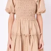 ENGLISH FACTORY Puff Sleeve | Tops*- Poplin Smocked Puff Sleeve Mini Dress TAWNY