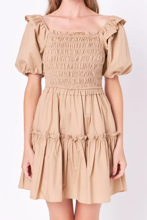 ENGLISH FACTORY Puff Sleeve | Tops*- Poplin Smocked Puff Sleeve Mini Dress TAWNY