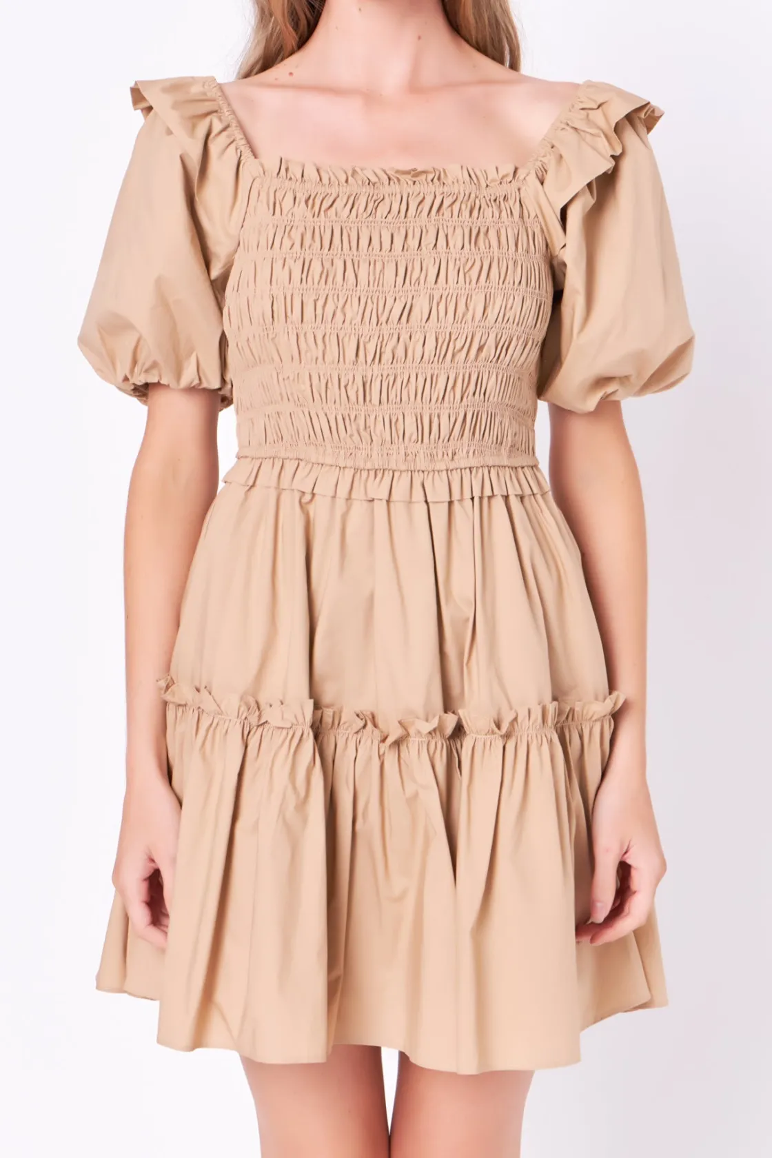 english_factory__poplin_s_0-4.webp ENGLISH FACTORY Puff Sleeve | Tops*- Poplin Smocked Puff Sleeve Mini Dress TAWNY