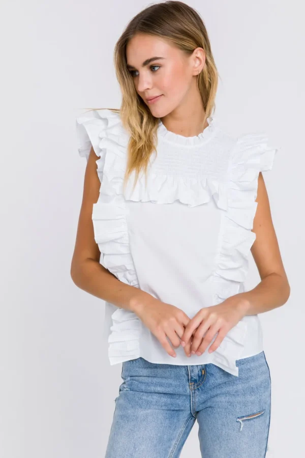 ENGLISH FACTORY Tops*- Poplin Smocked Ruffled Top WHITE