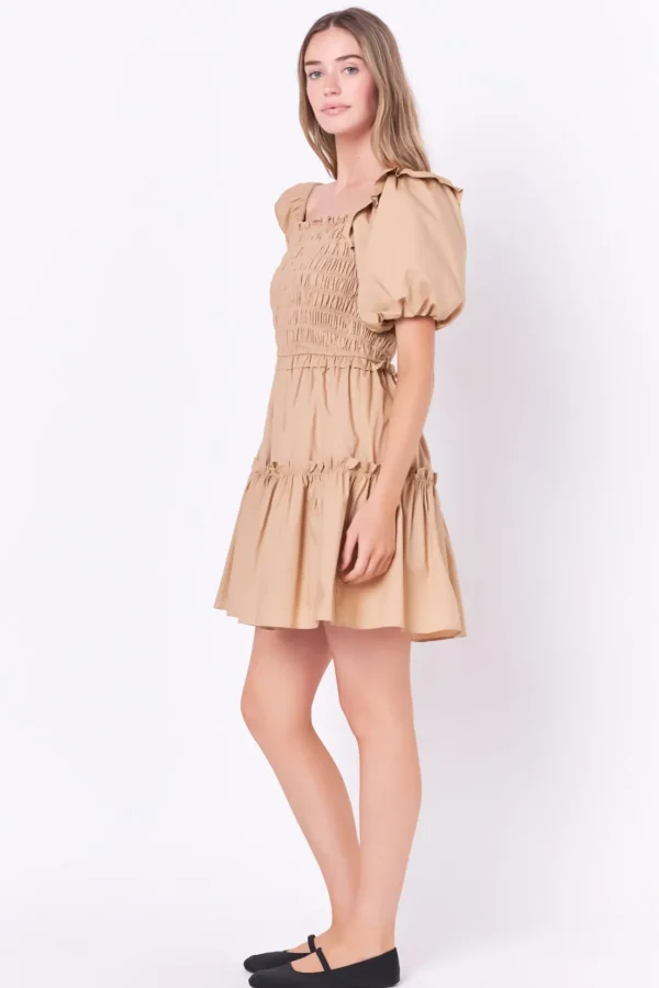 ENGLISH FACTORY Puff Sleeve | Tops*- Poplin Smocked Puff Sleeve Mini Dress TAWNY