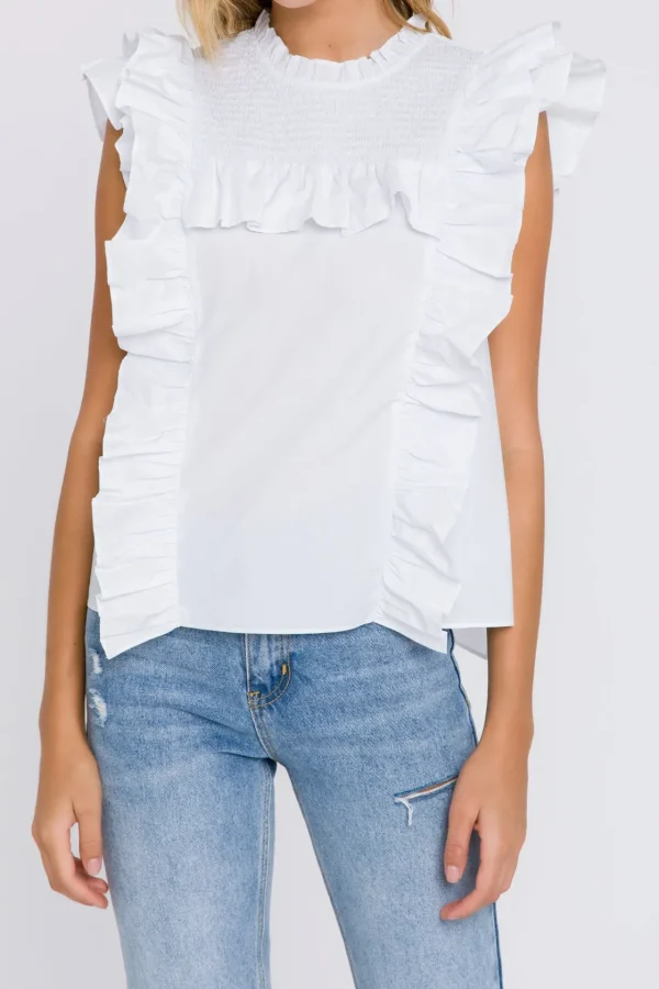 ENGLISH FACTORY Tops*- Poplin Smocked Ruffled Top WHITE