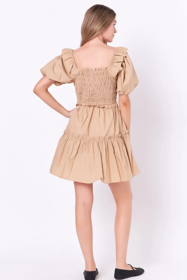 ENGLISH FACTORY Puff Sleeve | Tops*- Poplin Smocked Puff Sleeve Mini Dress TAWNY