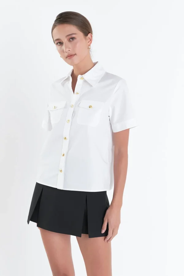 ENGLISH FACTORY Shirts & Blouses*- Poplin Short Sleeve Shirt with Gold Buttons WHITE