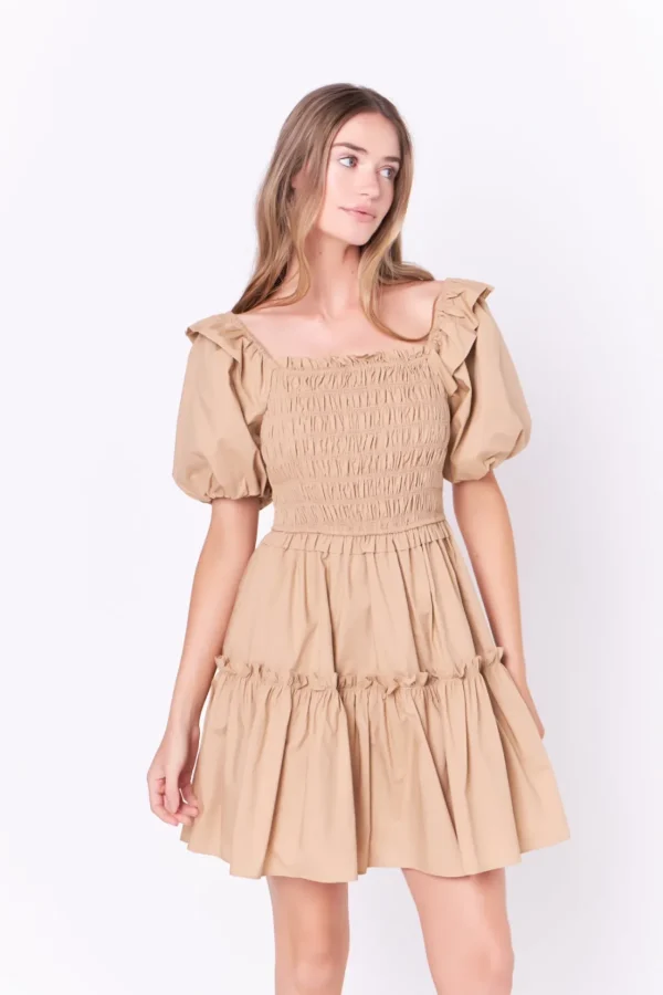 ENGLISH FACTORY Puff Sleeve | Tops*- Poplin Smocked Puff Sleeve Mini Dress TAWNY