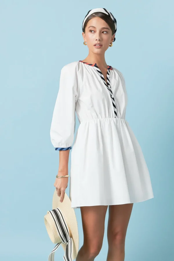 ENGLISH FACTORY Boho Dresses | White Dresses*- Poplin Shirt Dress with Striped Binding WHITE