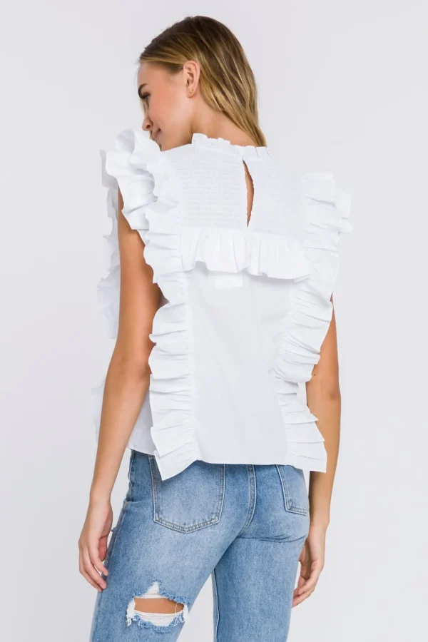 ENGLISH FACTORY Tops*- Poplin Smocked Ruffled Top WHITE